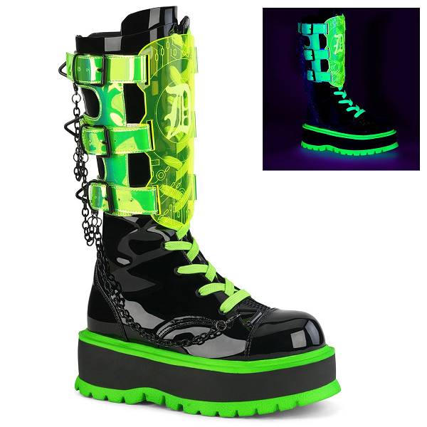 Demonia Women's Slacker-156 Platform Mid Calf Boots - Black Patent/UV Neon Green D1276-04US Clearance